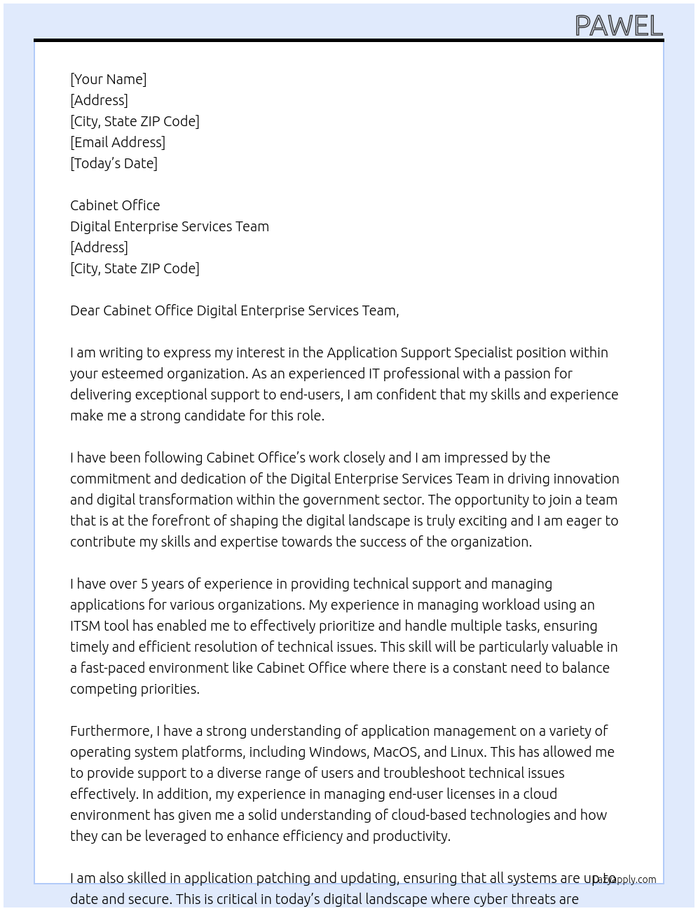 Application Support Specialist  At Cabinet Office Cover Letter