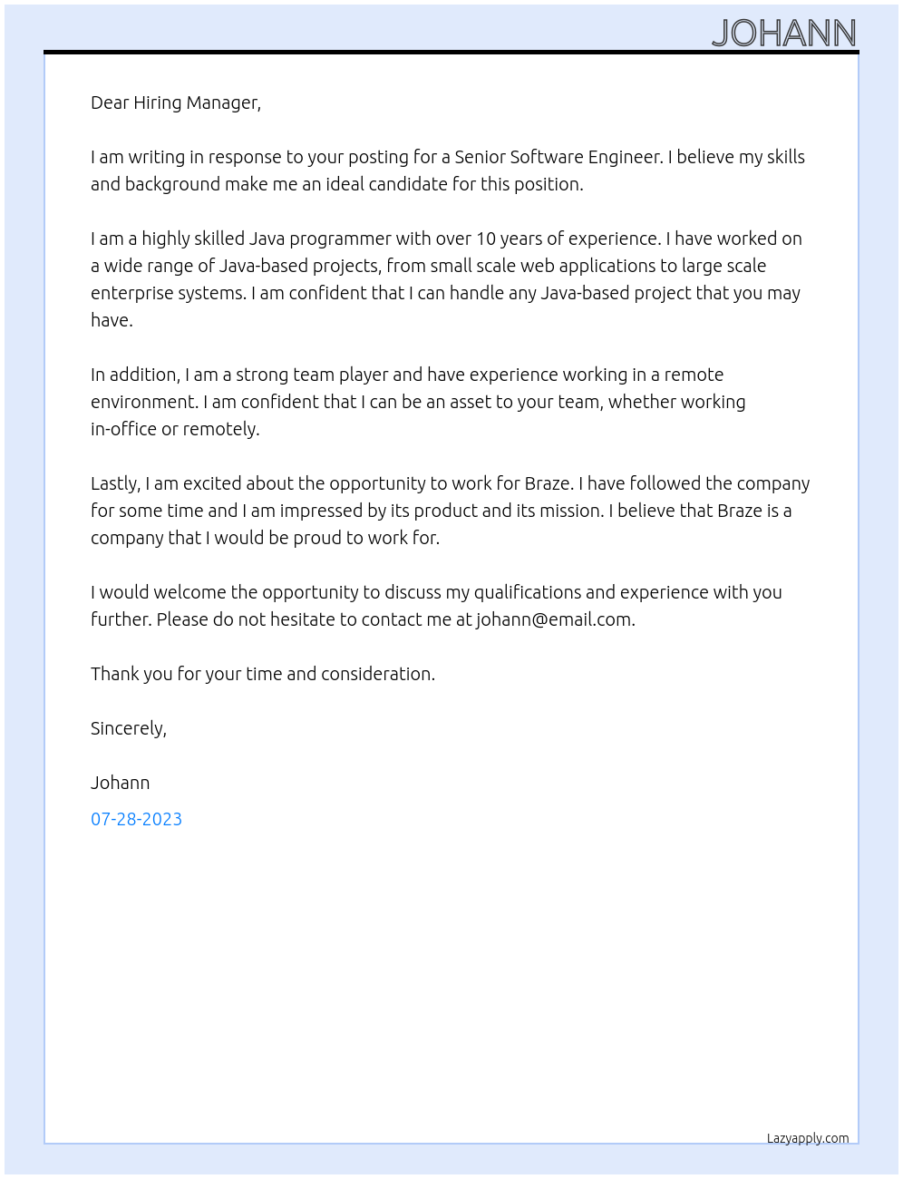 Senior Software Engineer At Braze Cover Letter