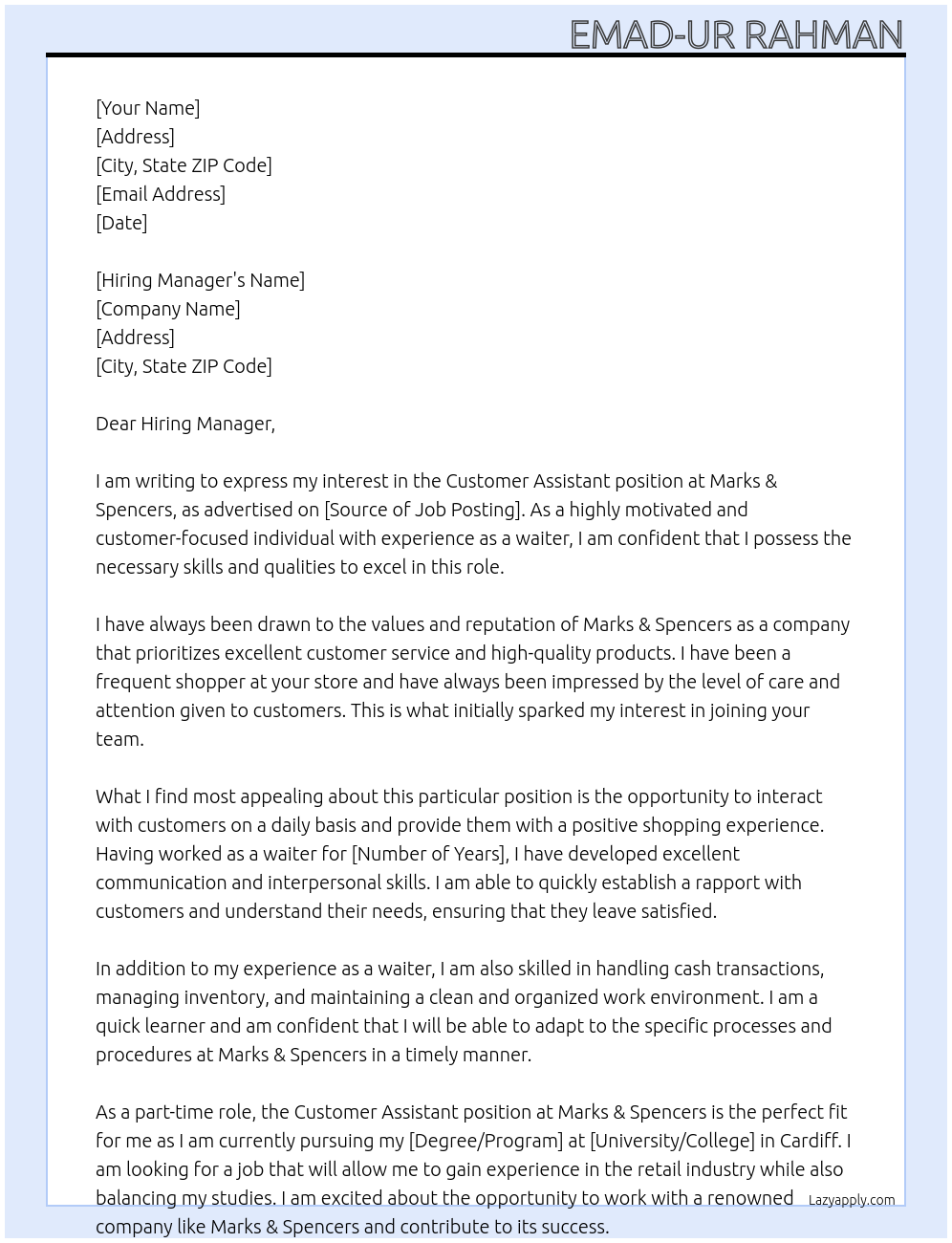 Customer Assistant At Marks & Spencers Cover Letter