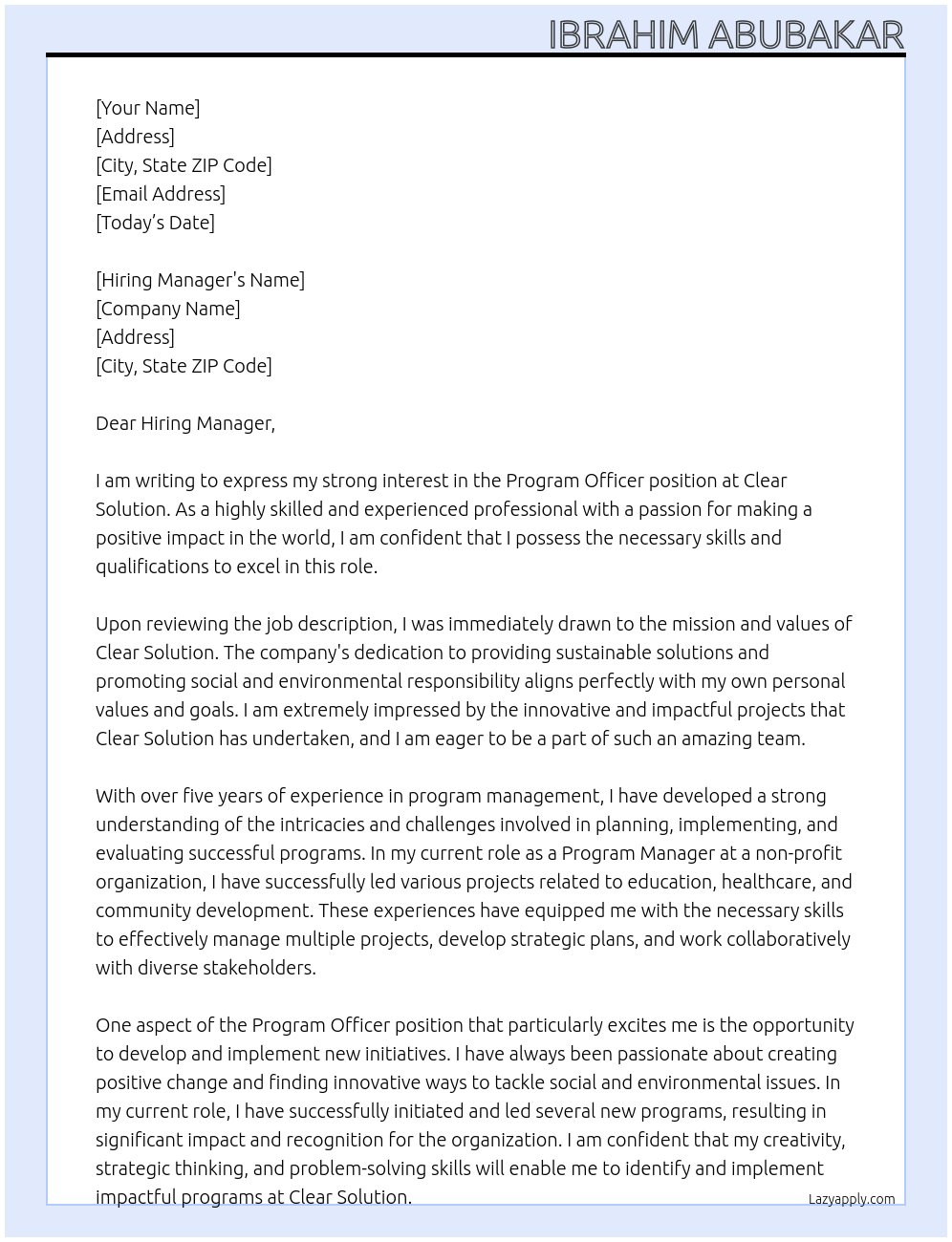 Program Officer At Clear Solution Cover Letter