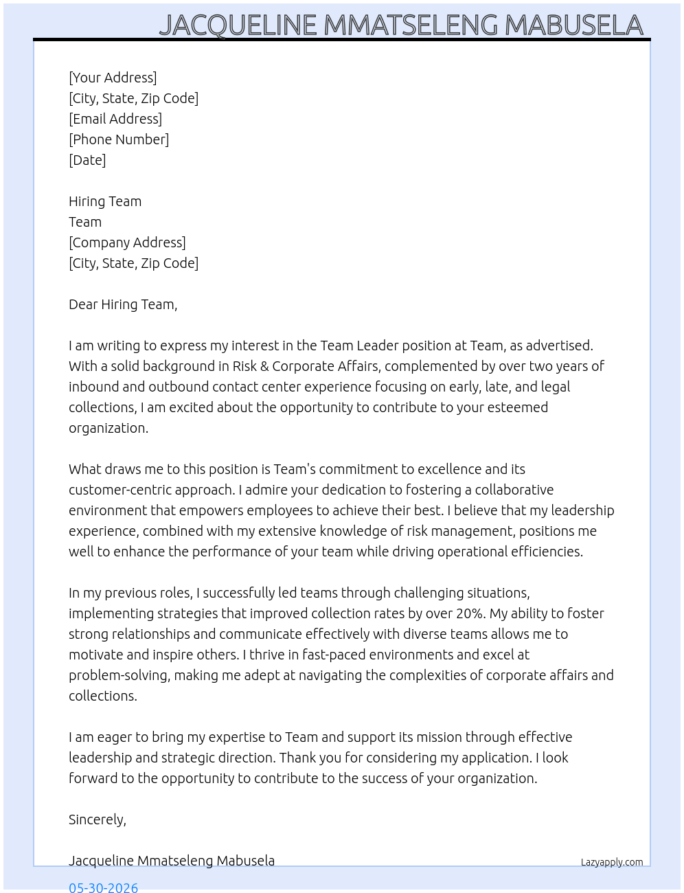Team Leader At Team Cover Letter