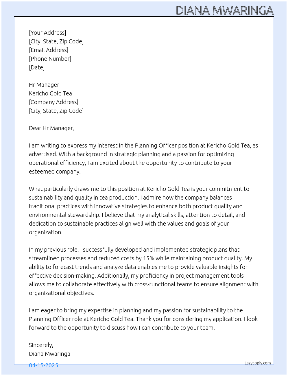 Planning Officer At Kericho Gold Tea Cover Letter