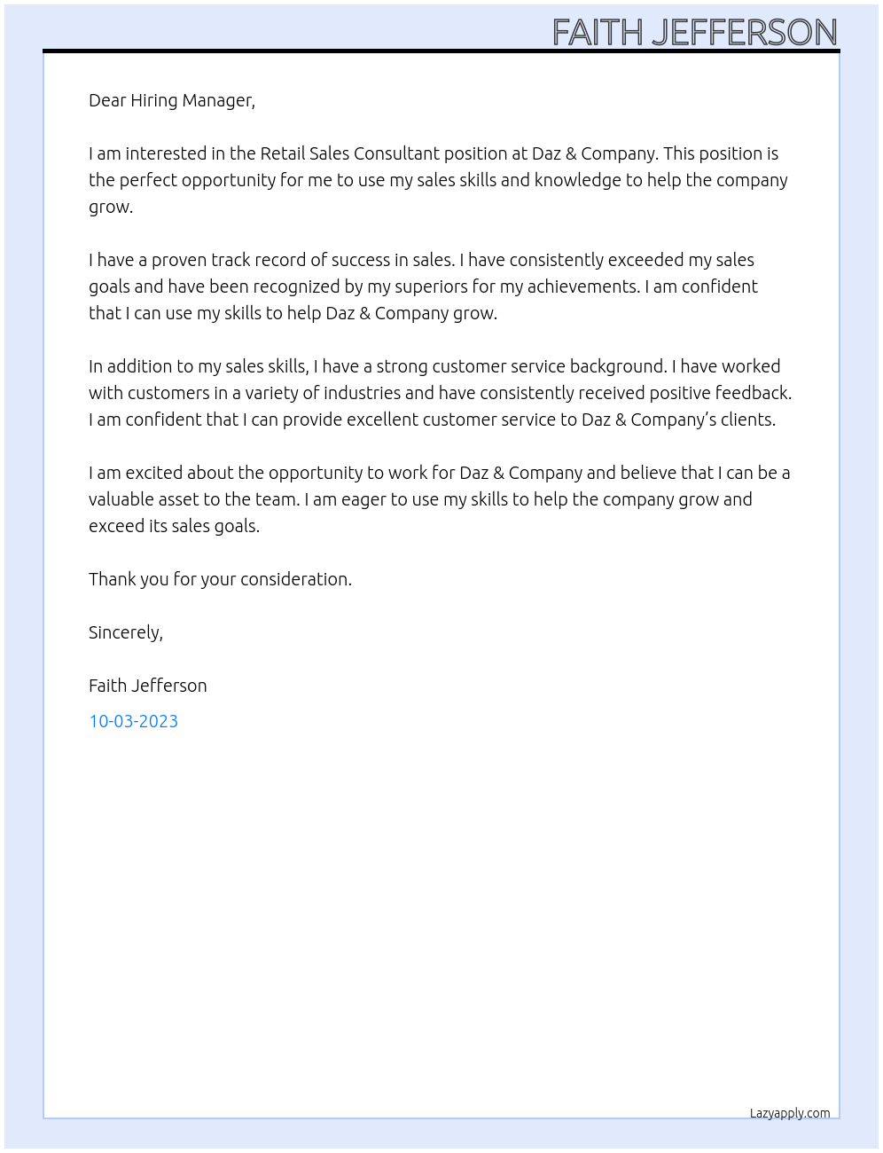 Retail Sales Consultant At Daz & Company Cover Letter