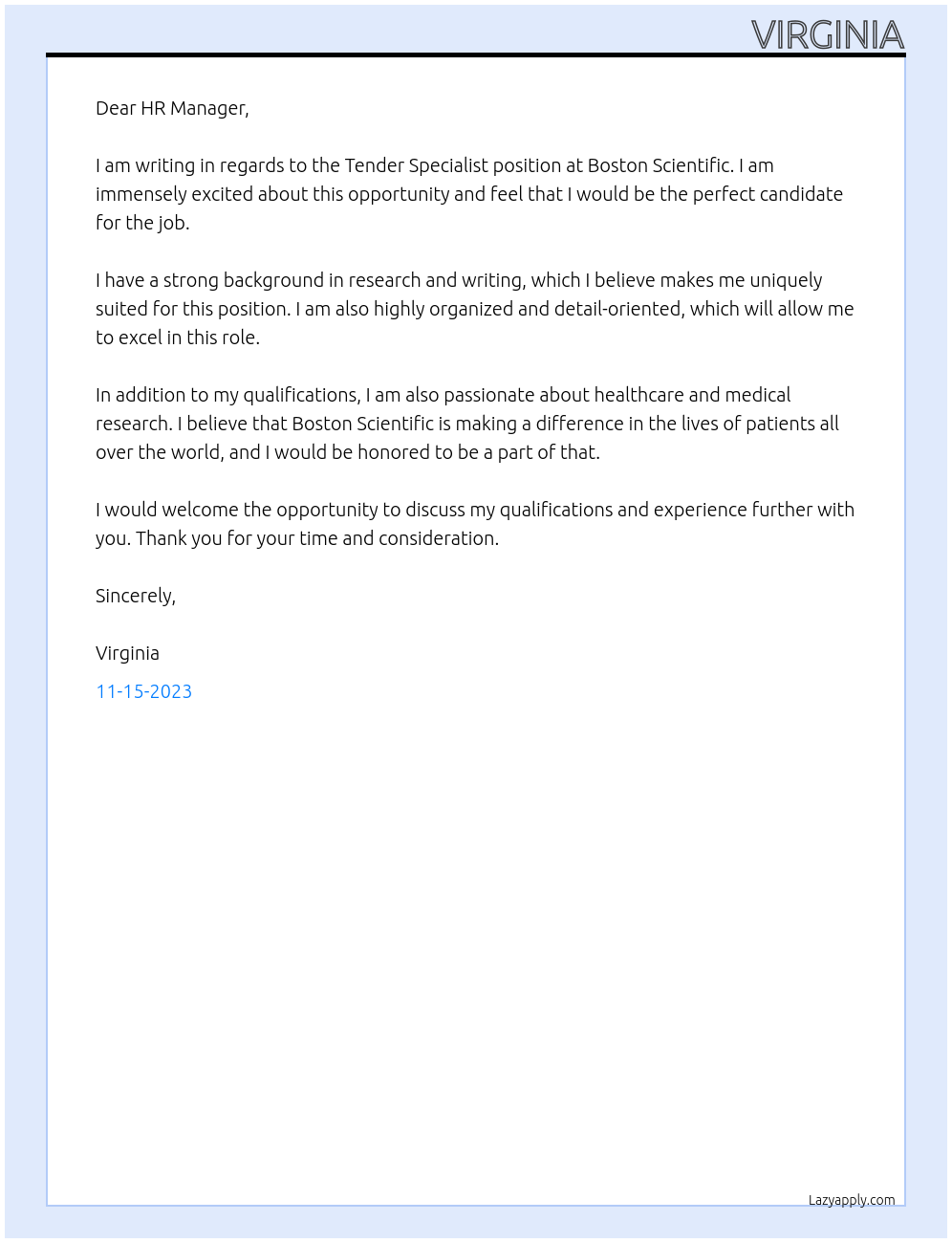 Tender Specialist At Boston Scientific Cover Letter