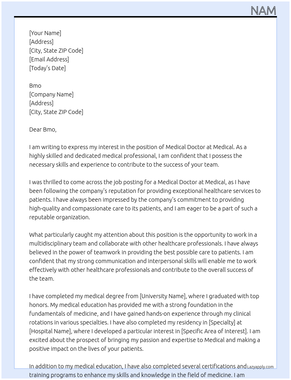 Medical doctor At Medical Cover Letter