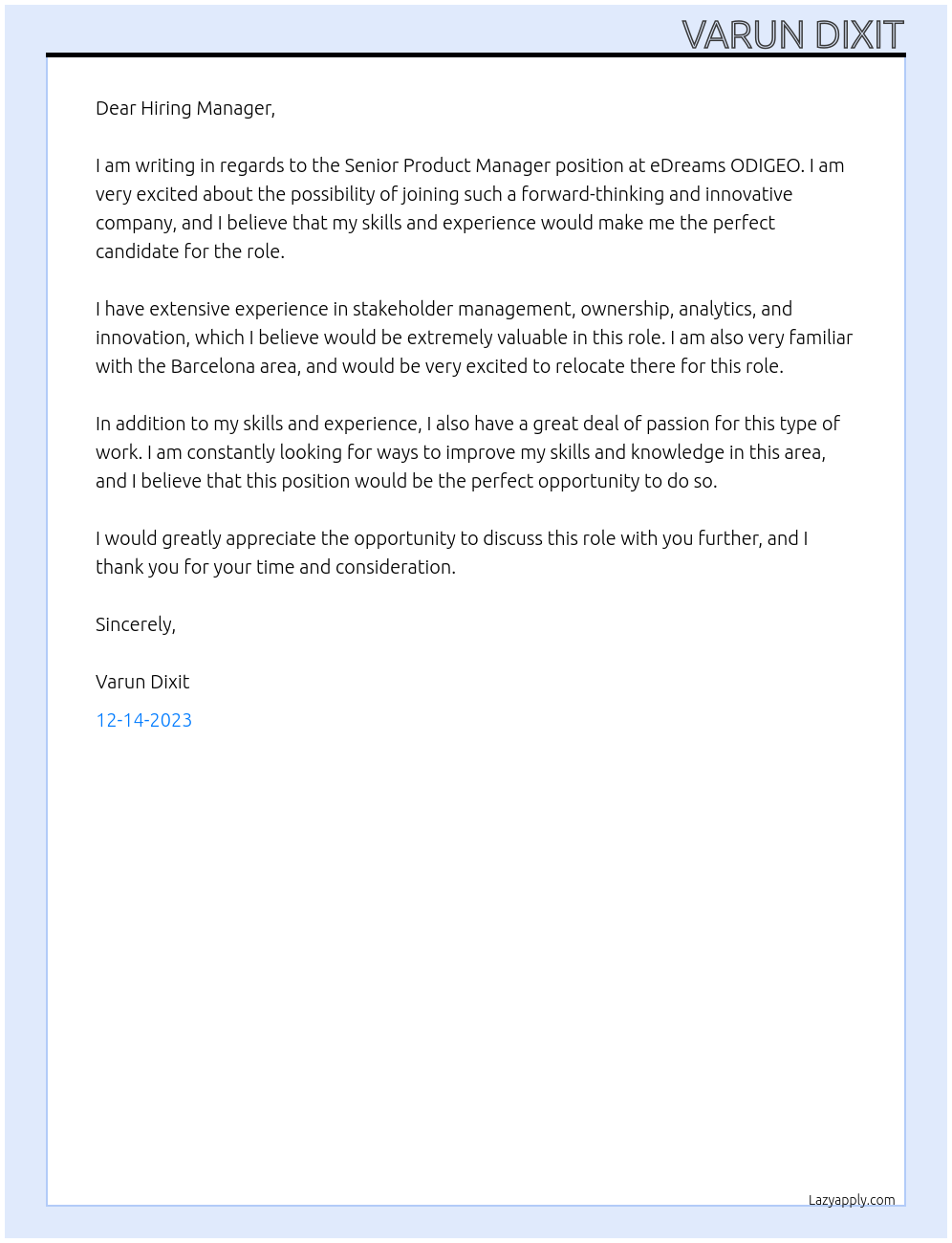 Senior Product Manager At eDreams ODIGEO Cover Letter