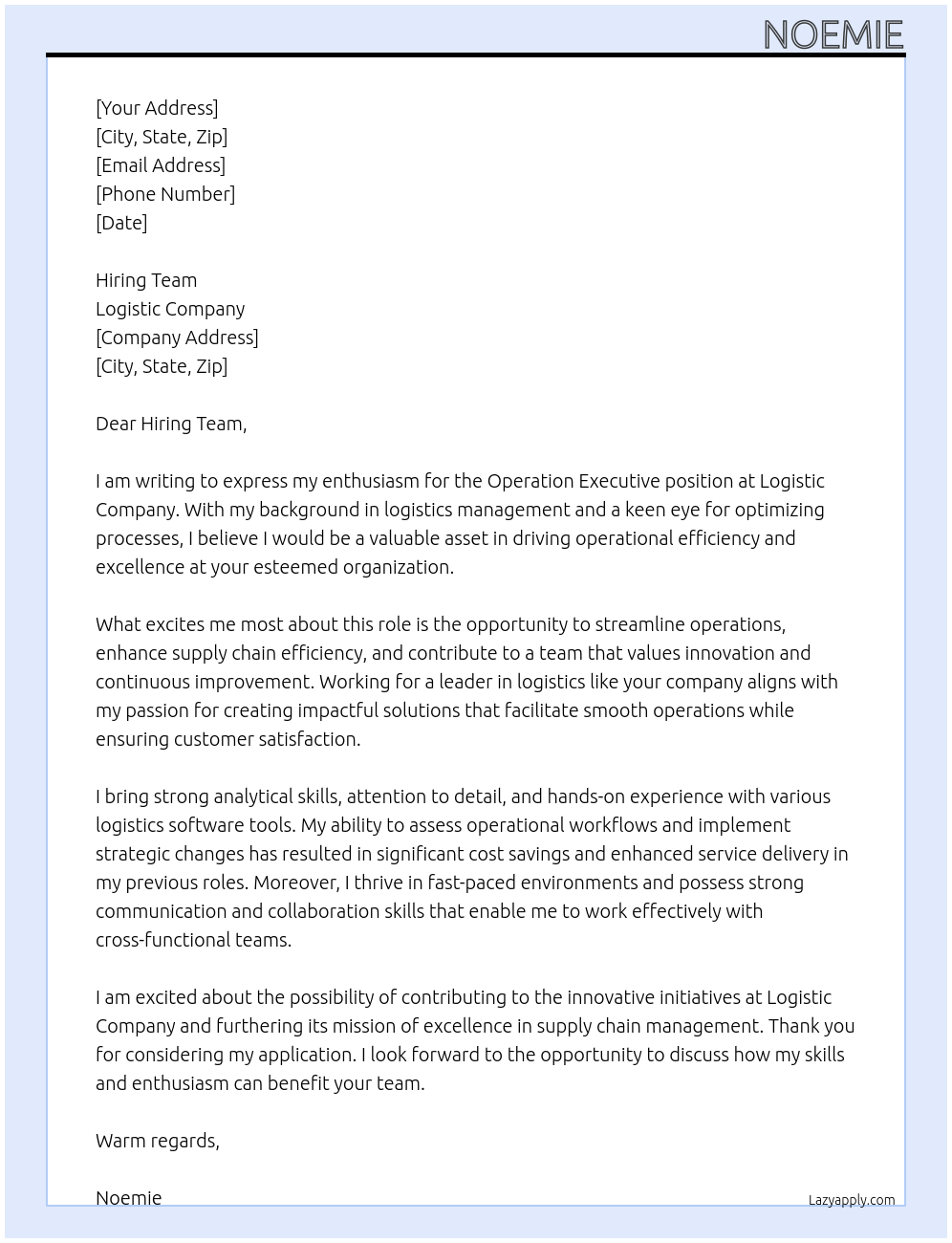 operation execurive At Logistic Company Cover Letter