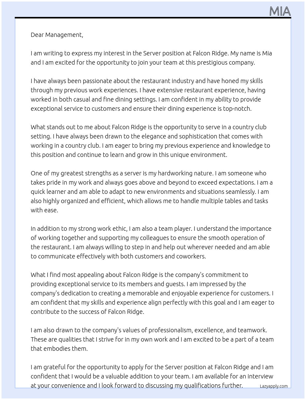 Server At Falcon Ridge Cover Letter