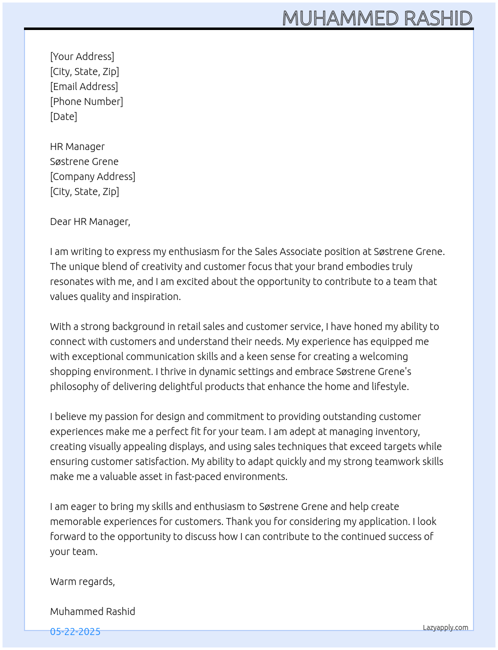 Sales Associate At Søstrene Grene Cover Letter