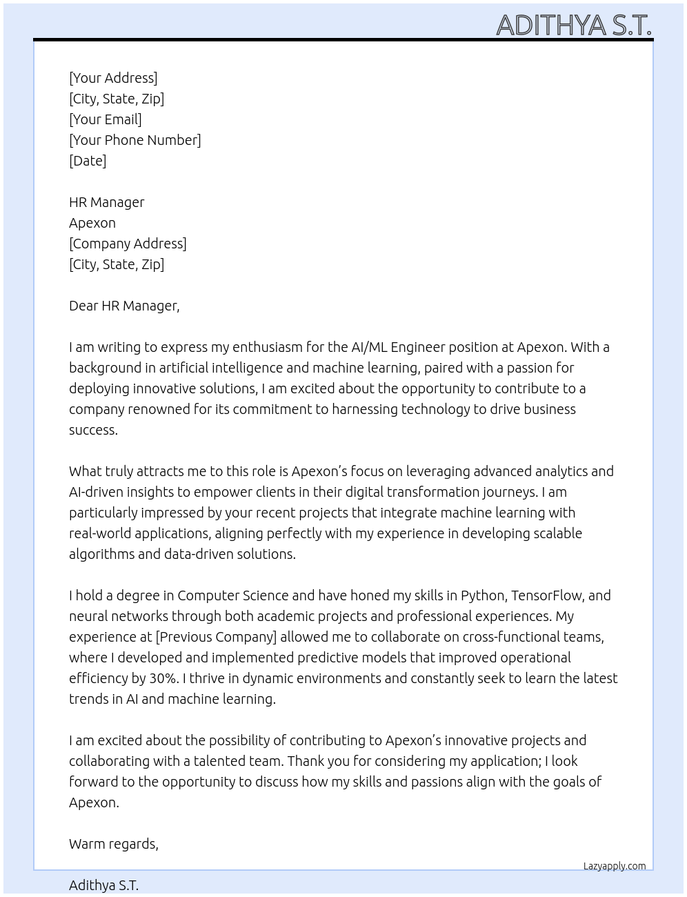 Cover letter for aiml engineer - LazyApply