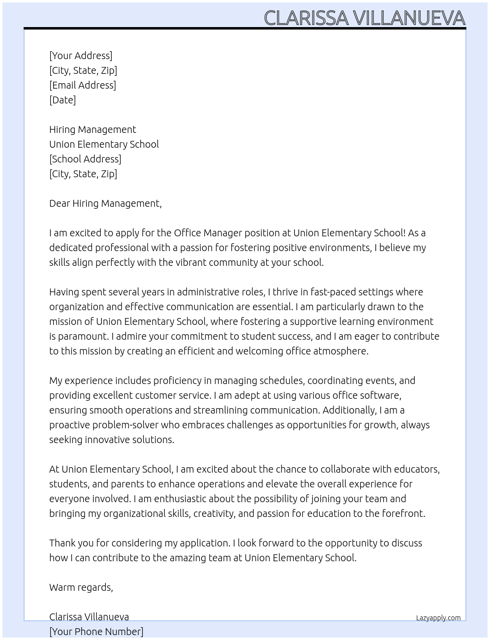 office Manager At Union Elementar School Cover Letter