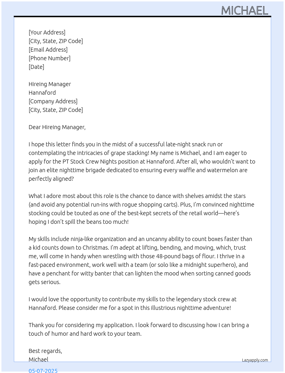 PT Stock Crew Nights At Hannaford Cover Letter