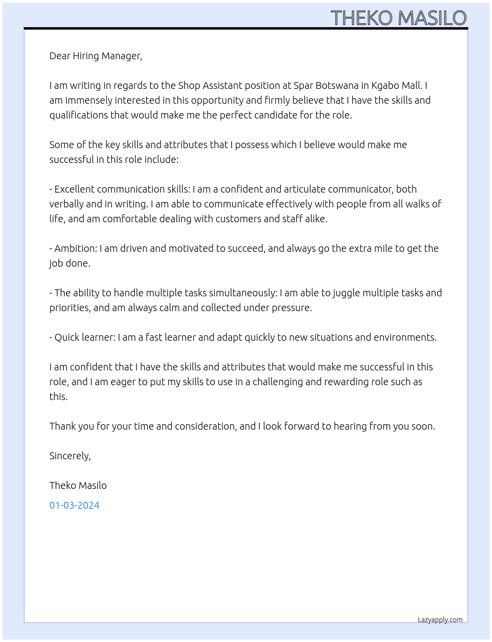 Shop Assistant At Spar Botswana in Kgabo Mall Cover Letter