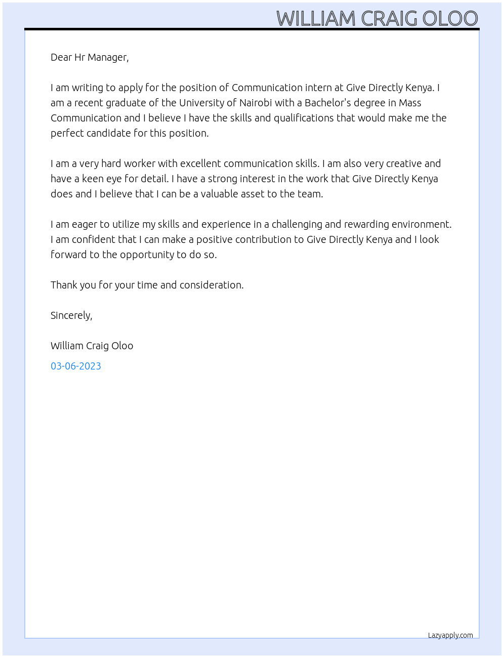 Communication intern At Give Directly Kenya Cover Letter