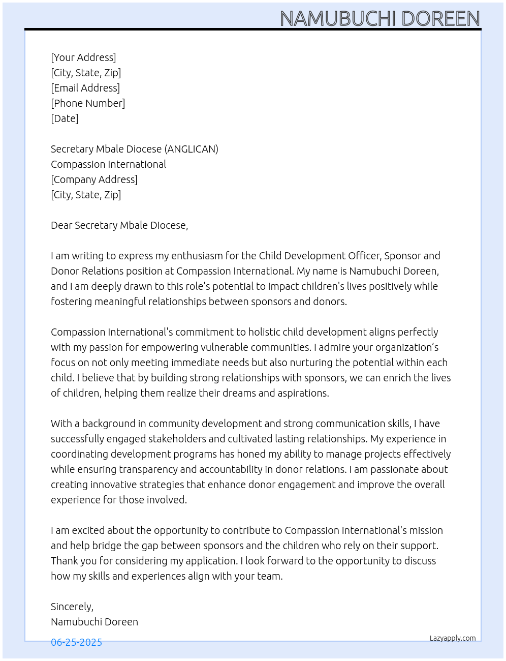 Child Development Officer, Sponsor And Donor Relations  At Compassion International  Cover Letter