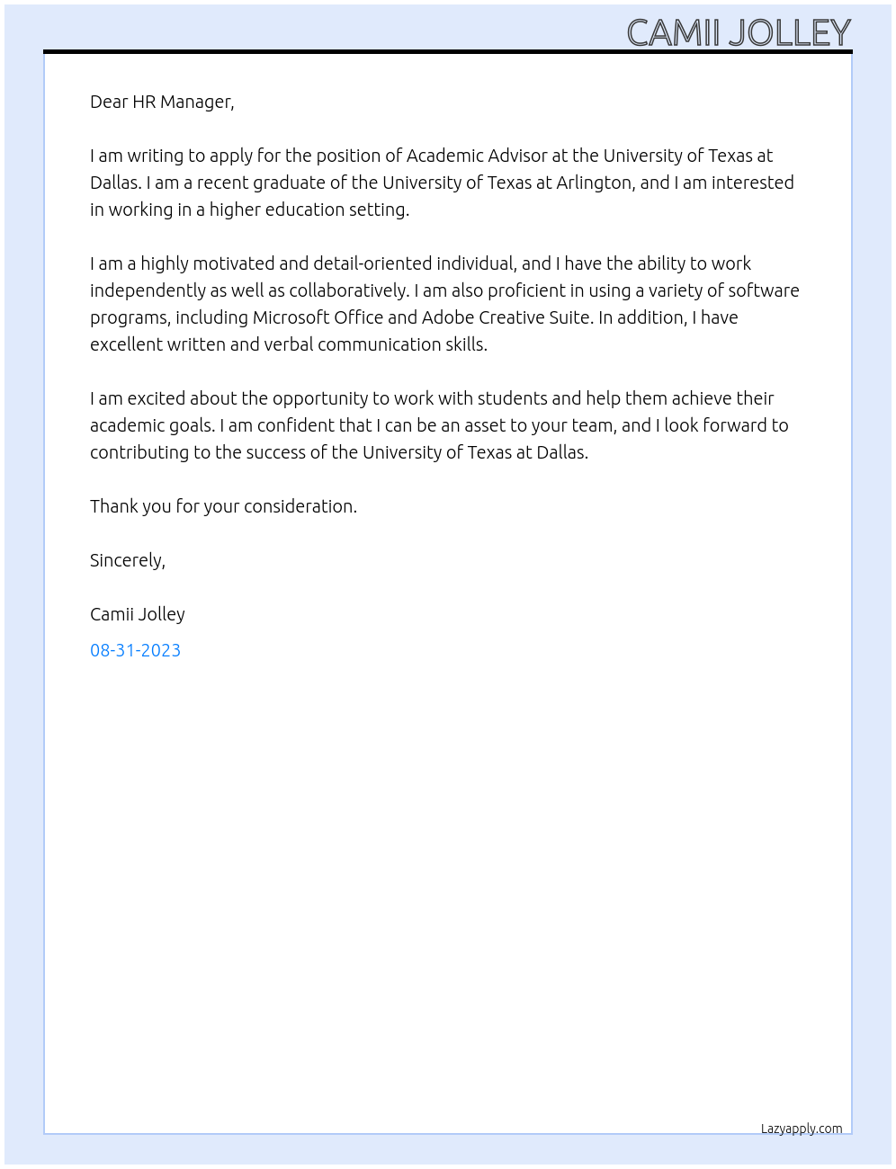 Academic Advisor At University of Texas at Dallas Cover Letter