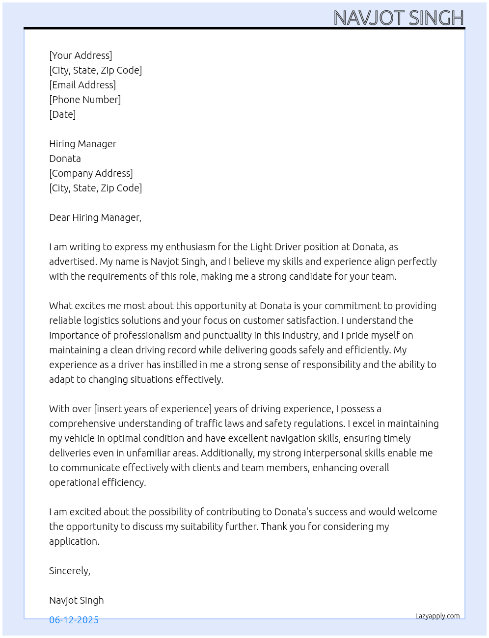 Cover letter for light driver - LazyApply