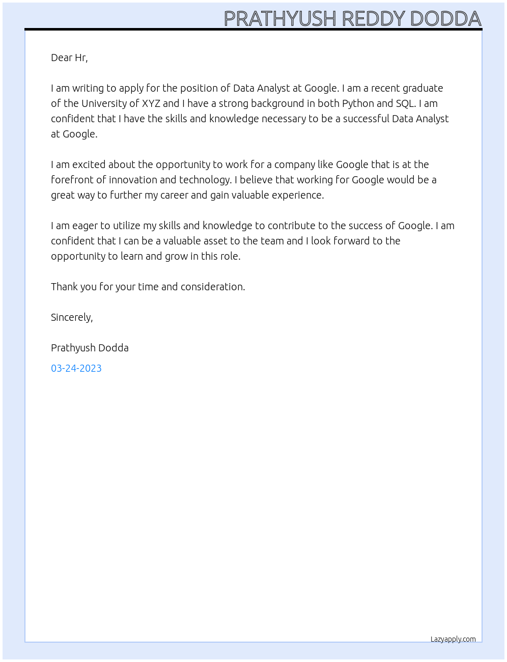 Data analysis At Google Cover Letter