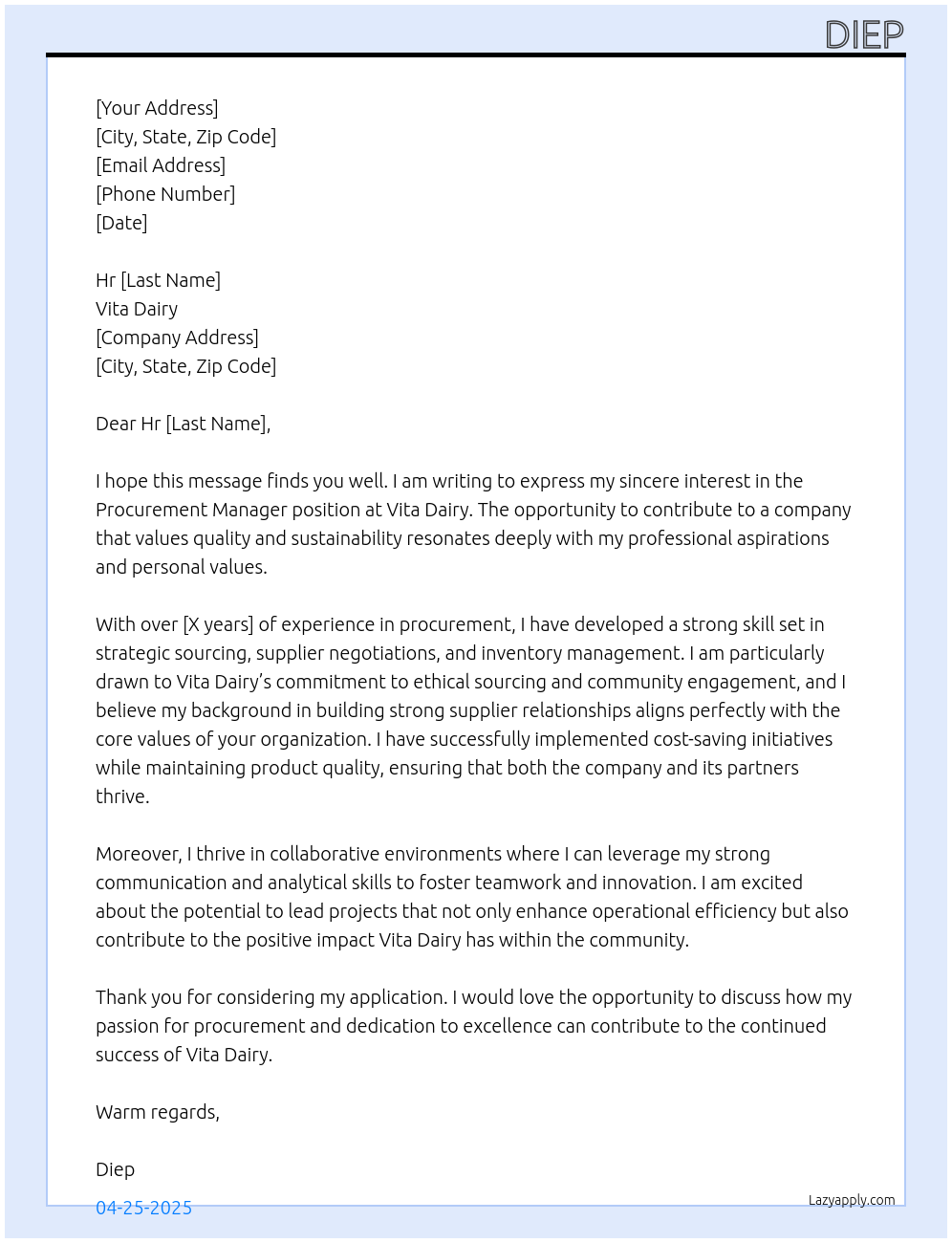 Procurement manager At Vita dairy Cover Letter