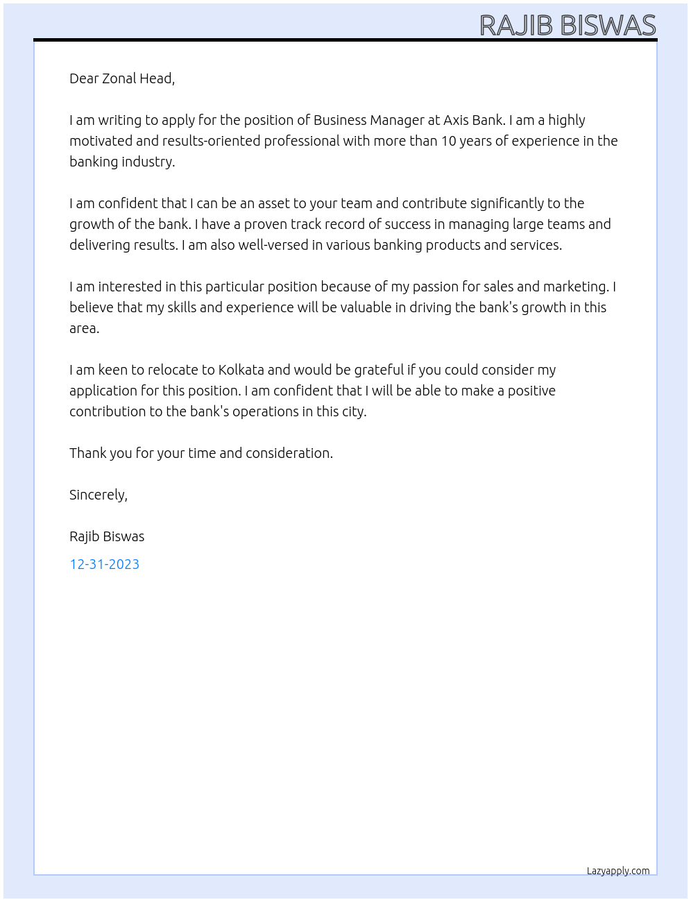 Business Manager At Axis Bank Cover Letter