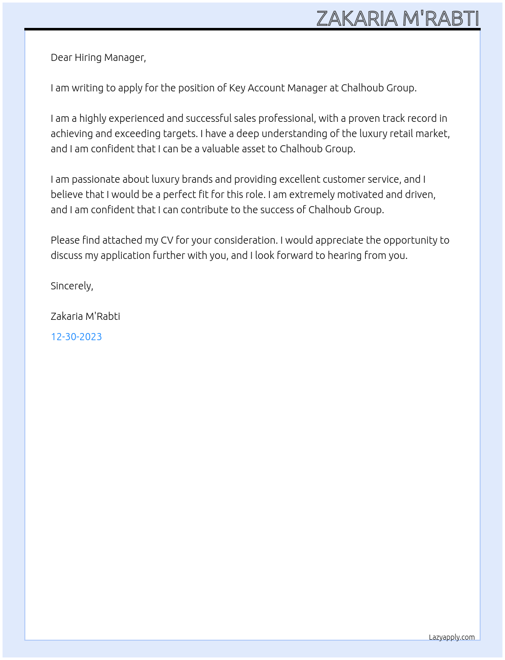 Key Account Manager At Chalhoub Group Cover Letter