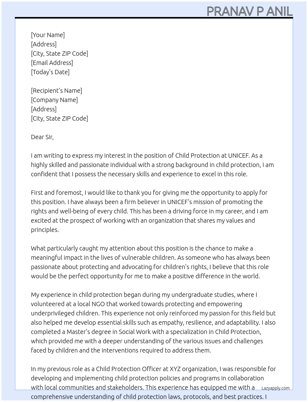 child protection  At UNICEF  Cover Letter