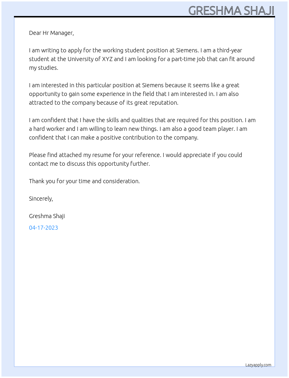 Working student At Siemens  Cover Letter