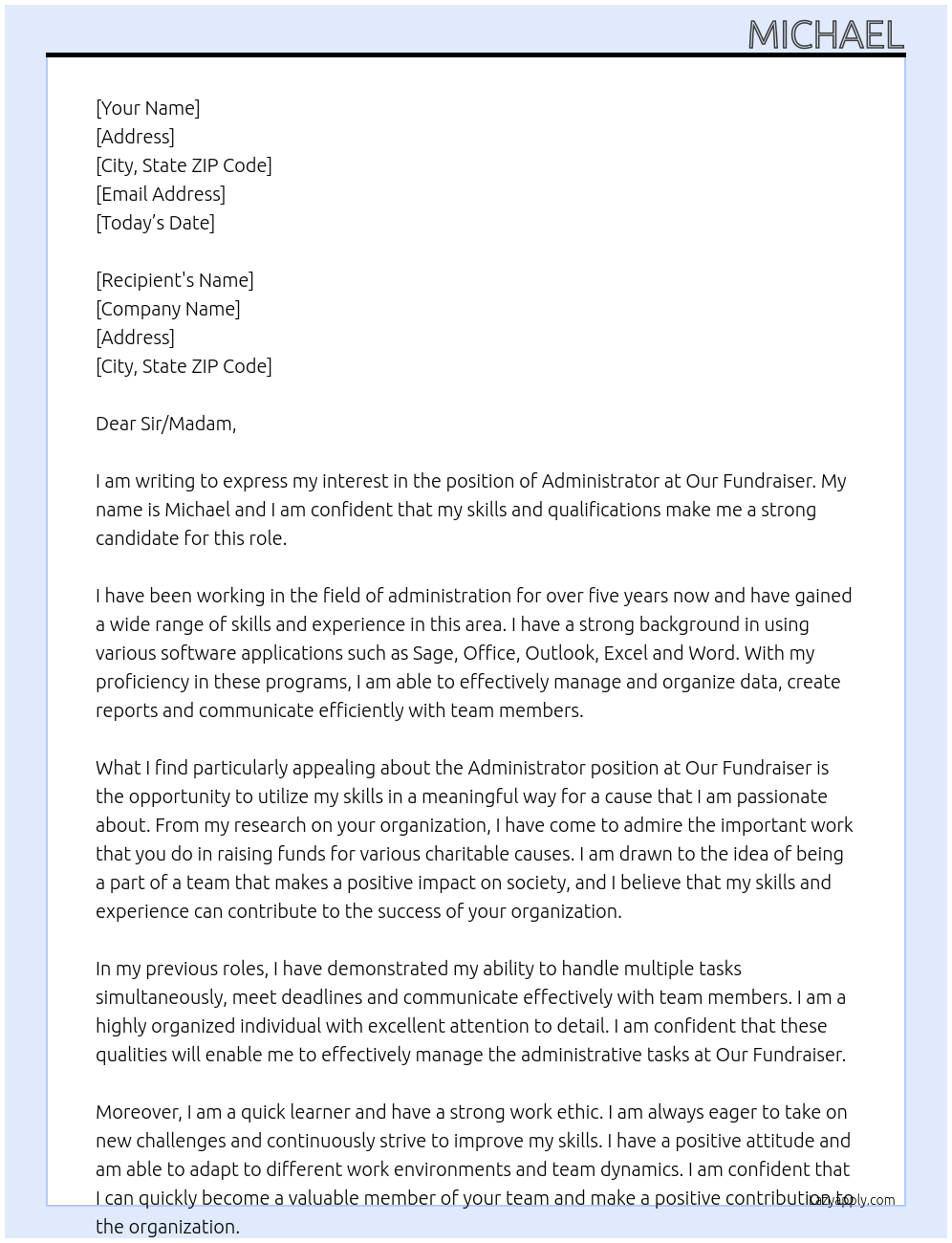 Administrator At Our Fundraiser Cover Letter