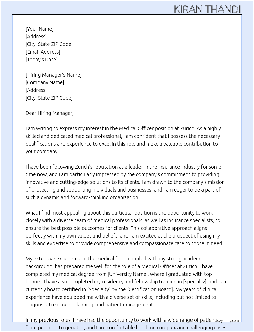 Medical Officer At Zurich Cover Letter