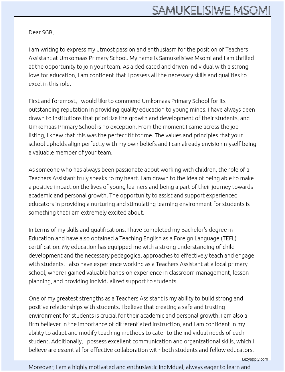 Teachers Assistant At Umkomaas Primary School Cover Letter