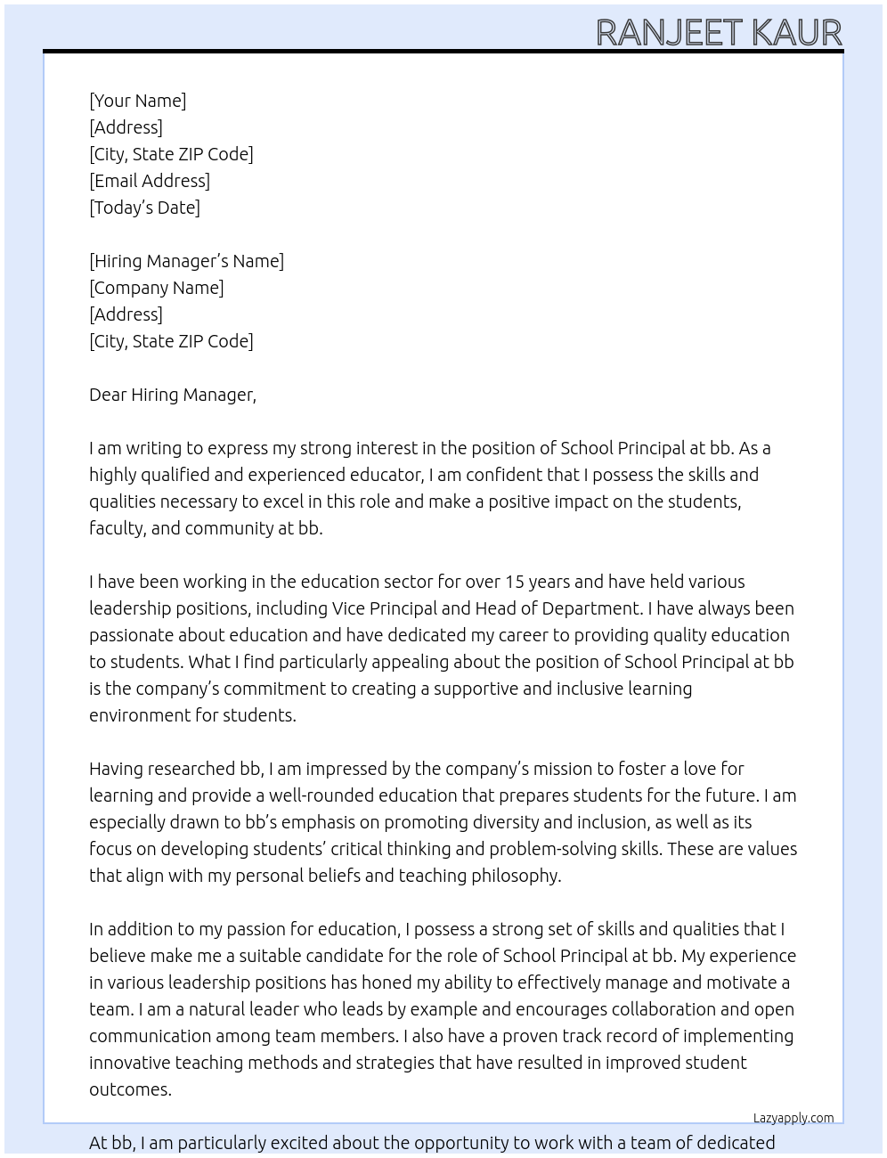 school principal At bb Cover Letter