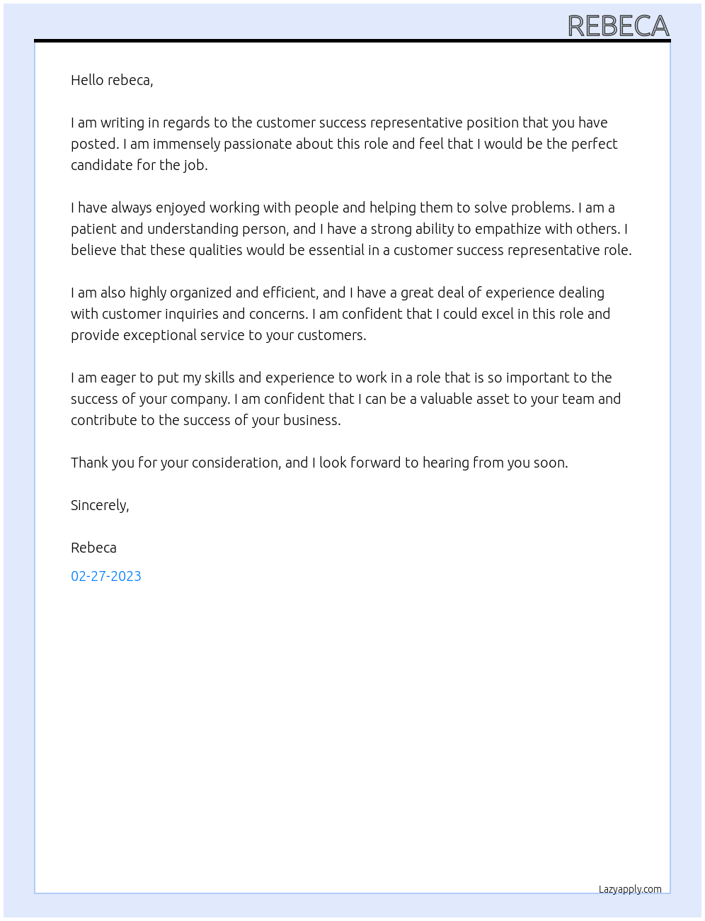 customer success representative At rebeca Cover Letter