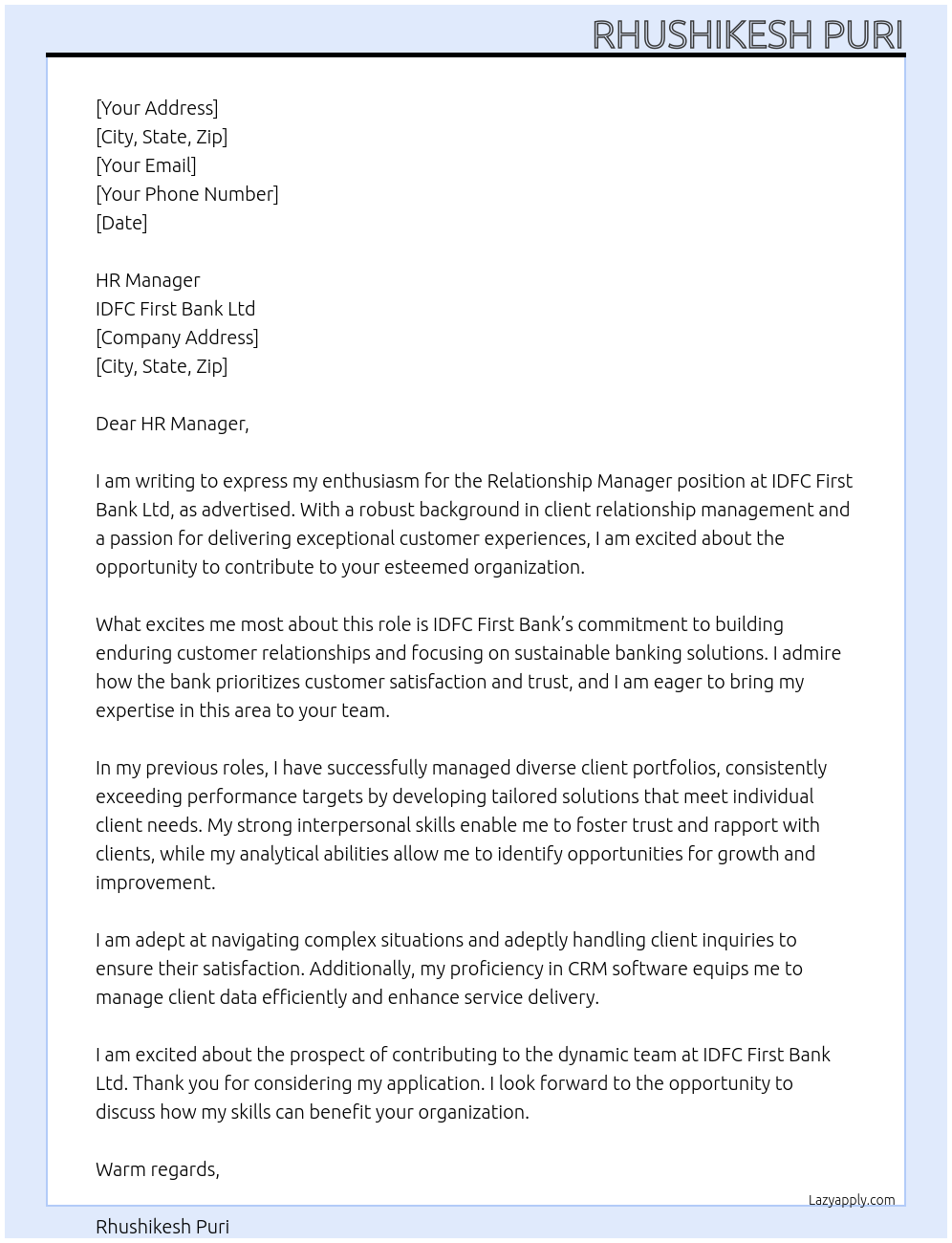 Relationship Manager At IDFC First Bank Ltd Cover Letter