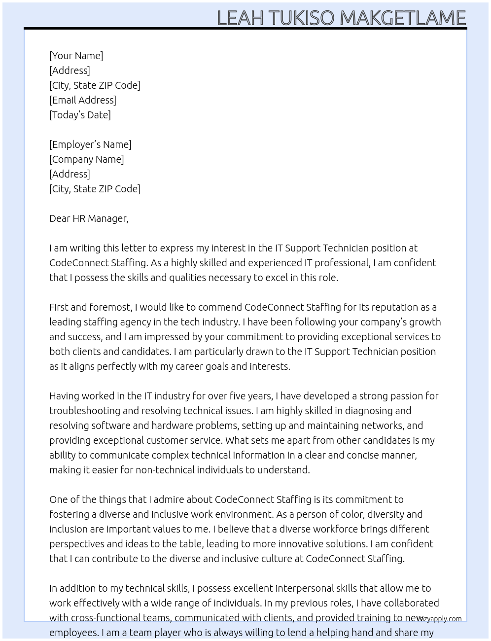 IT Support Technician At codeconnect staffing Cover Letter
