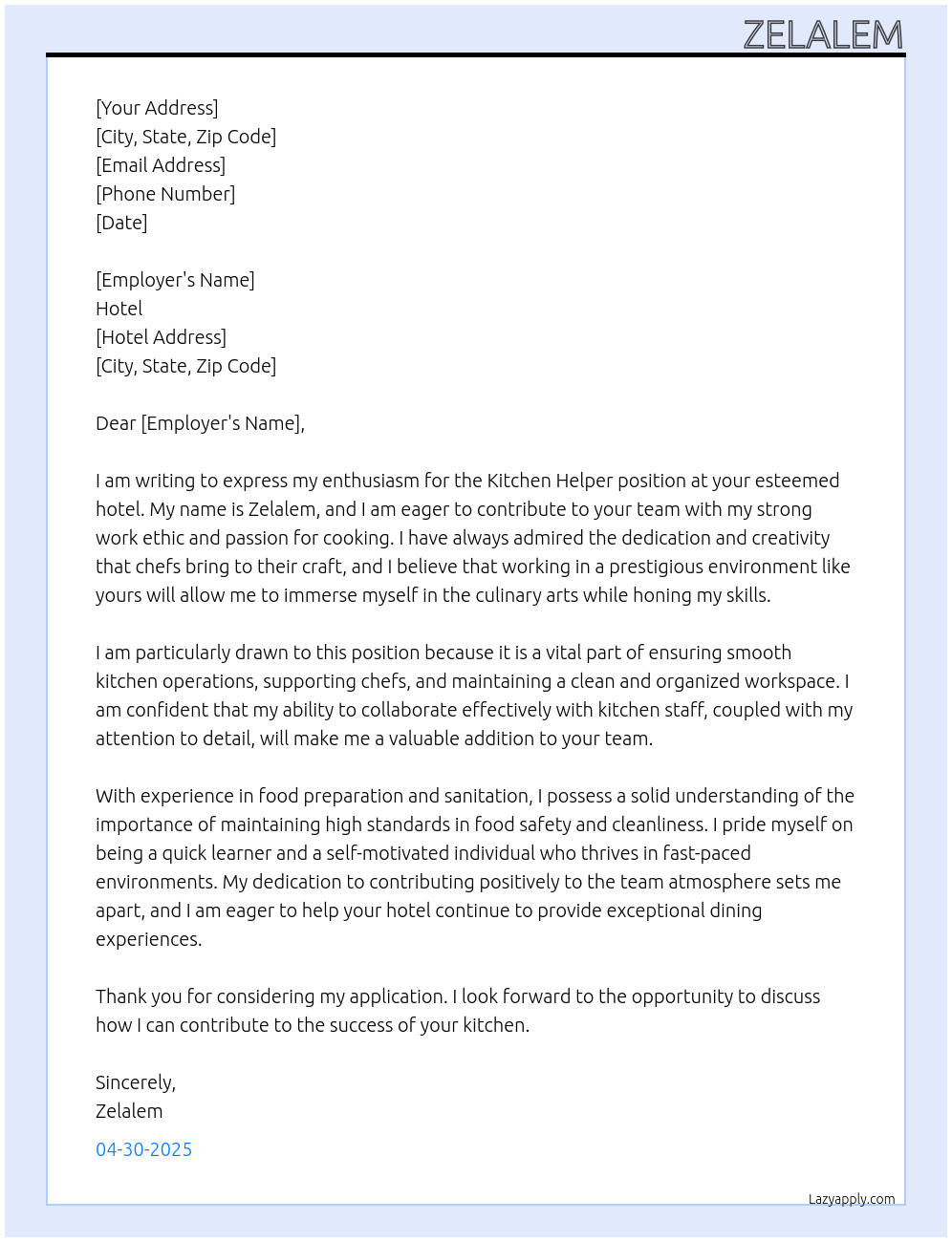 kitchen helper At hotel Cover Letter