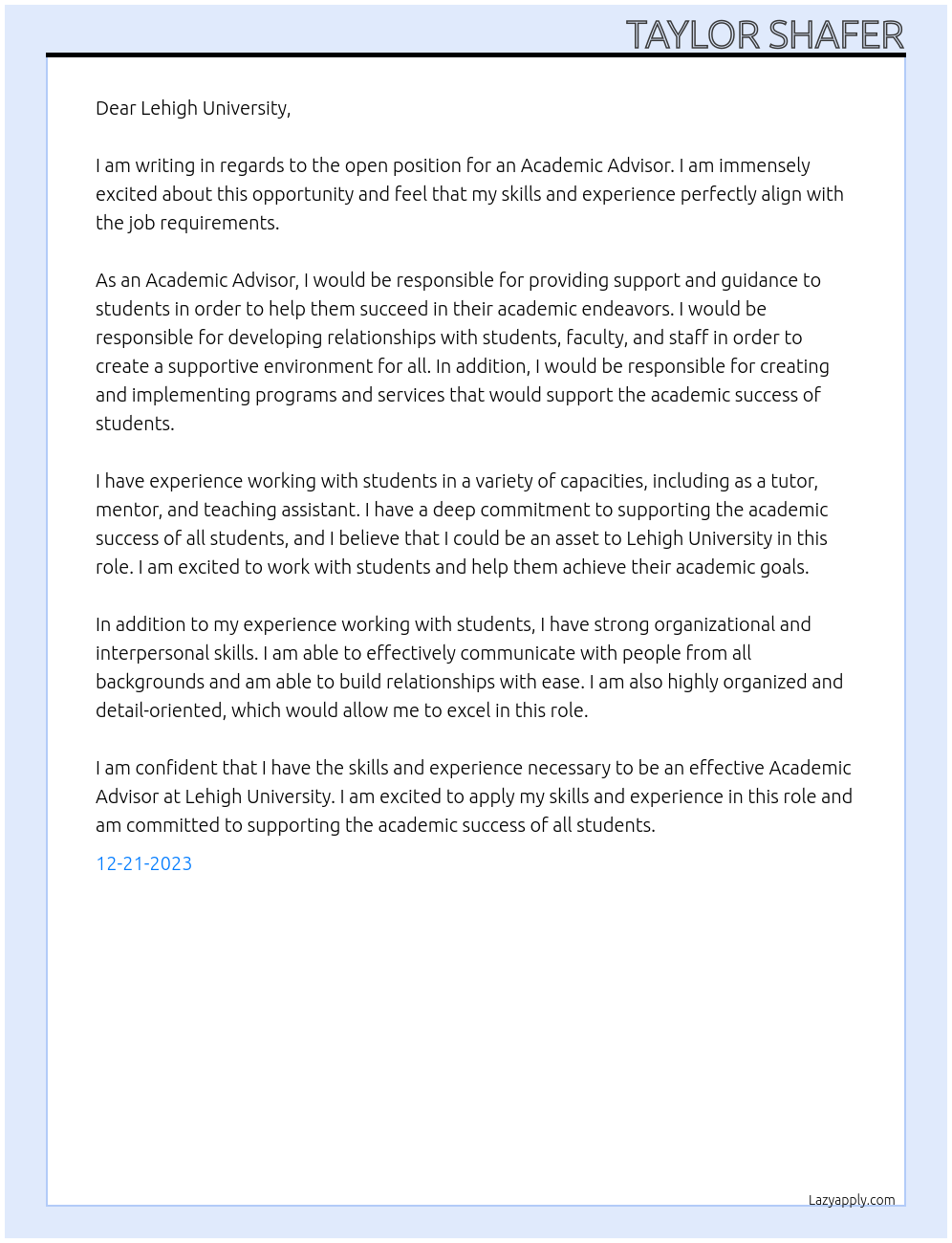 Academic Advisor At Lehigh University Cover Letter