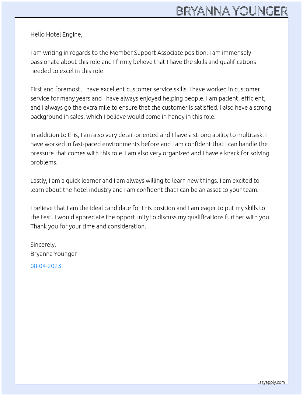 Member support associate  At Hotel Engine Cover Letter