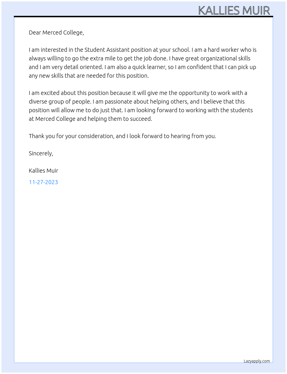 Student Assistant  At Merced College Cover Letter