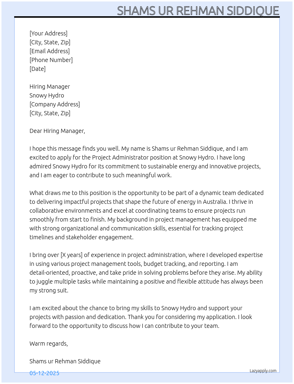 Project administrator At Snowy hydro Cover Letter