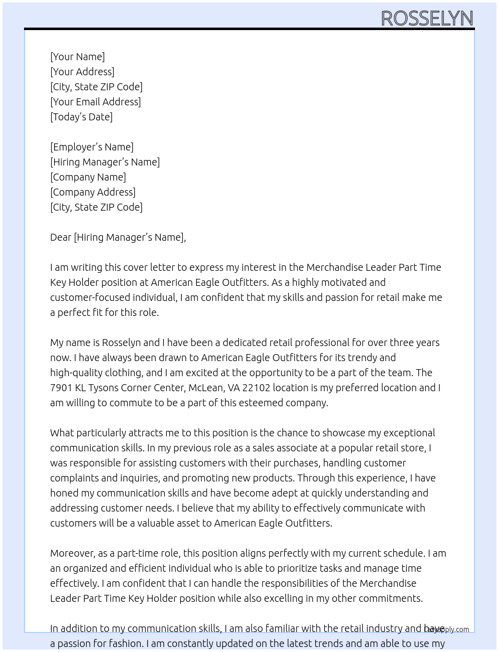 Merchandise leader part time key holder At American Eagle Outfitters Cover Letter