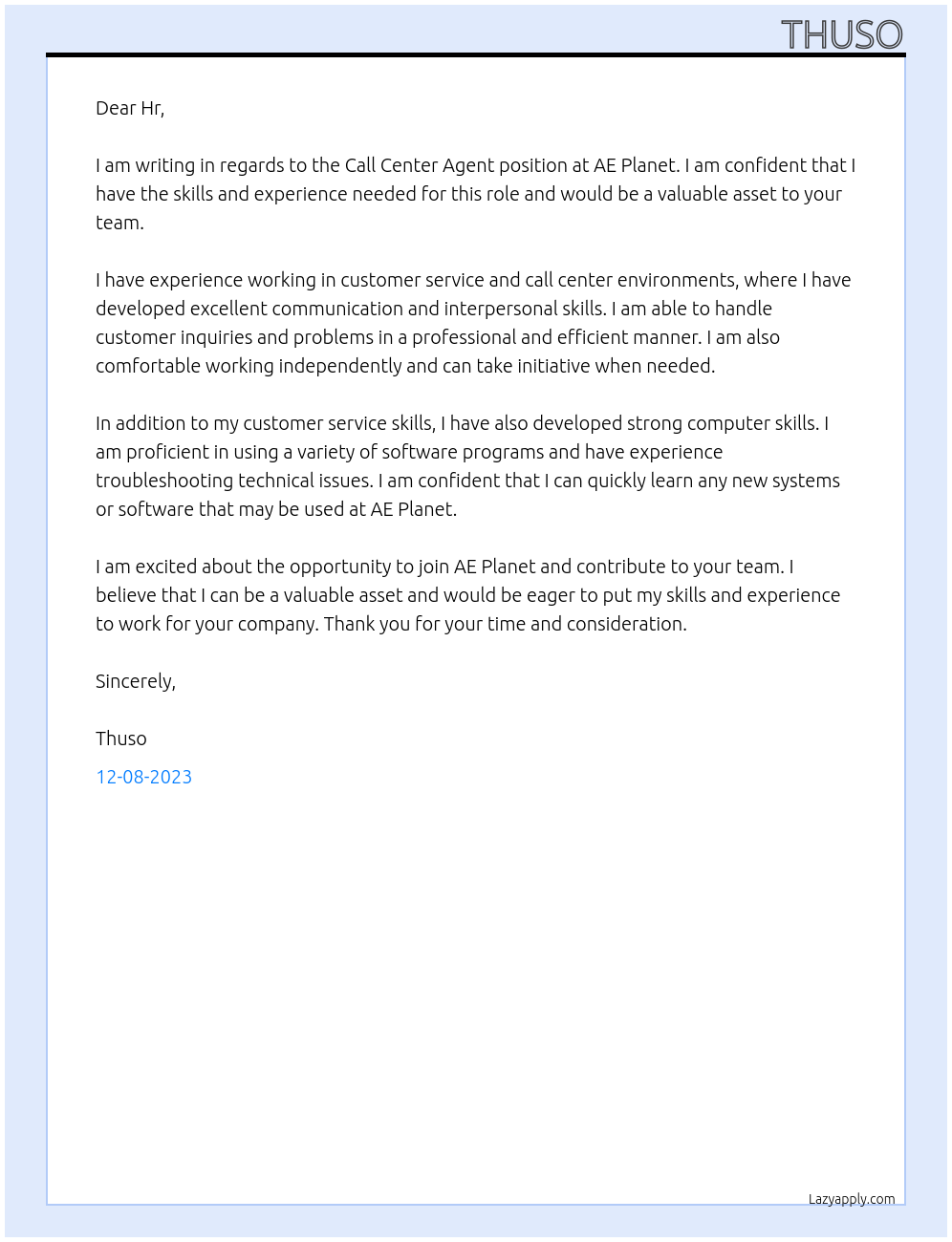 Call Center Agent At AE Planet Cover Letter