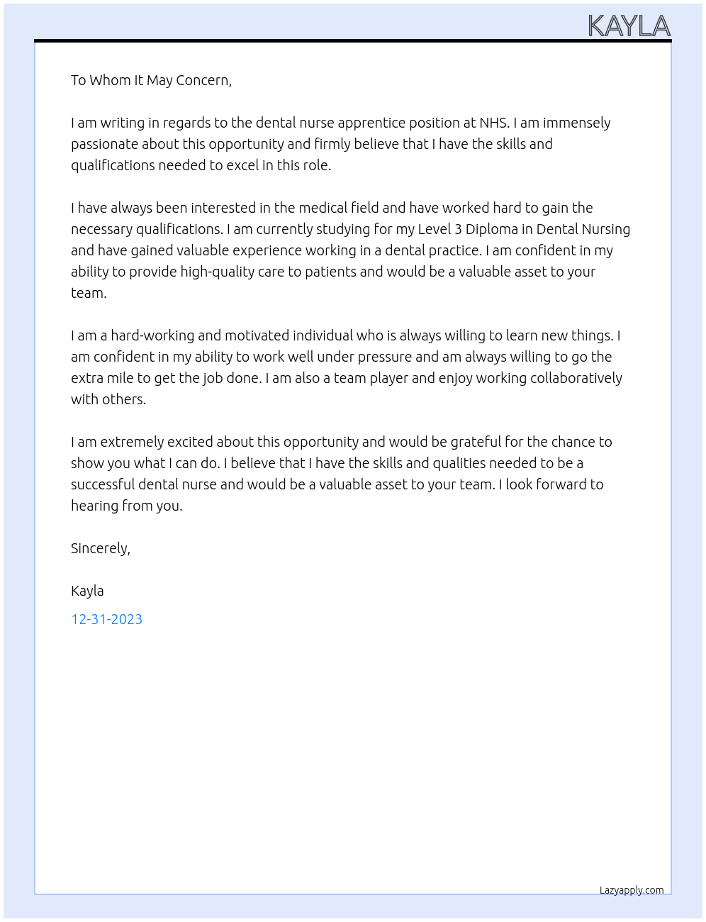 Dental nurse At Nhs Cover Letter