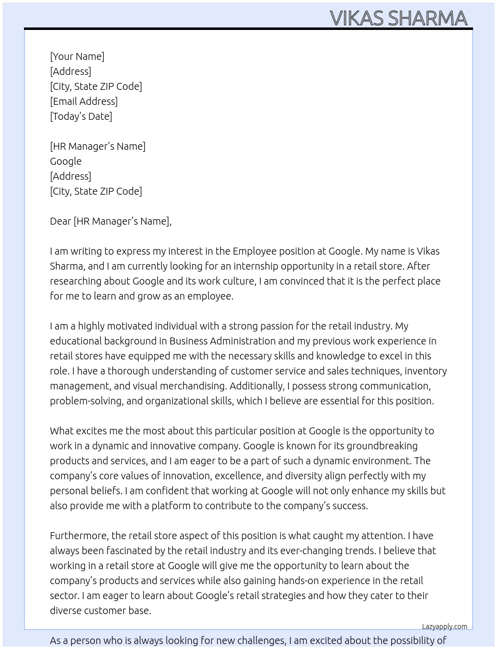 Employee At Google Cover Letter