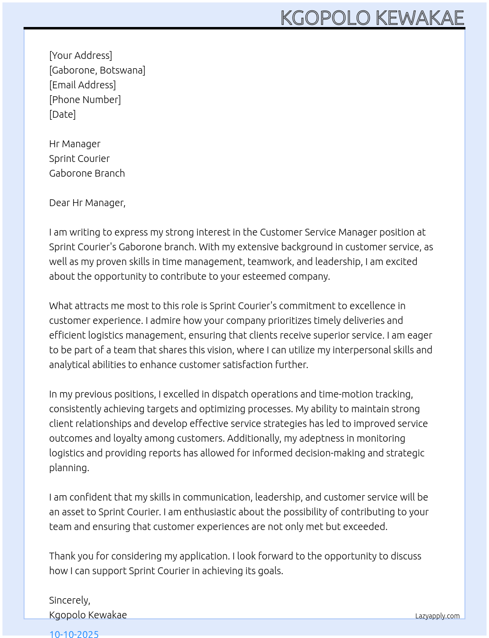 Customer Service Manager At Sprint Courier - Gaborone Branch Cover Letter