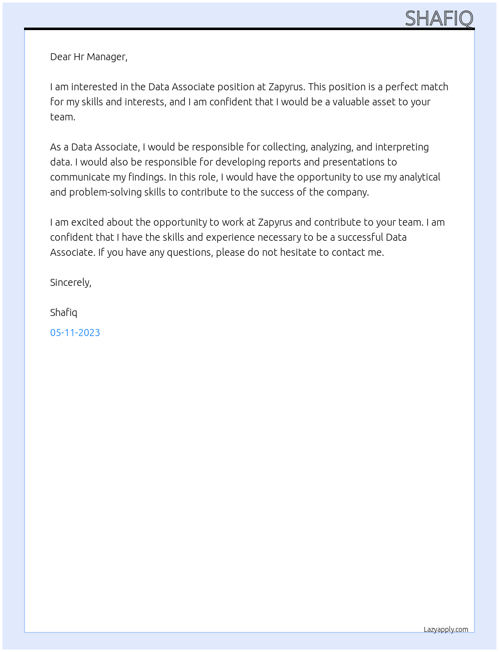 Data Associate At Zapyrus Cover Letter