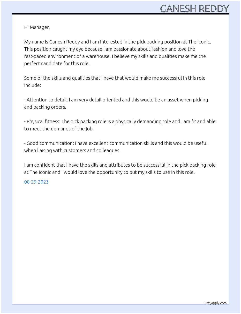 Pick packing At The iconic  Cover Letter