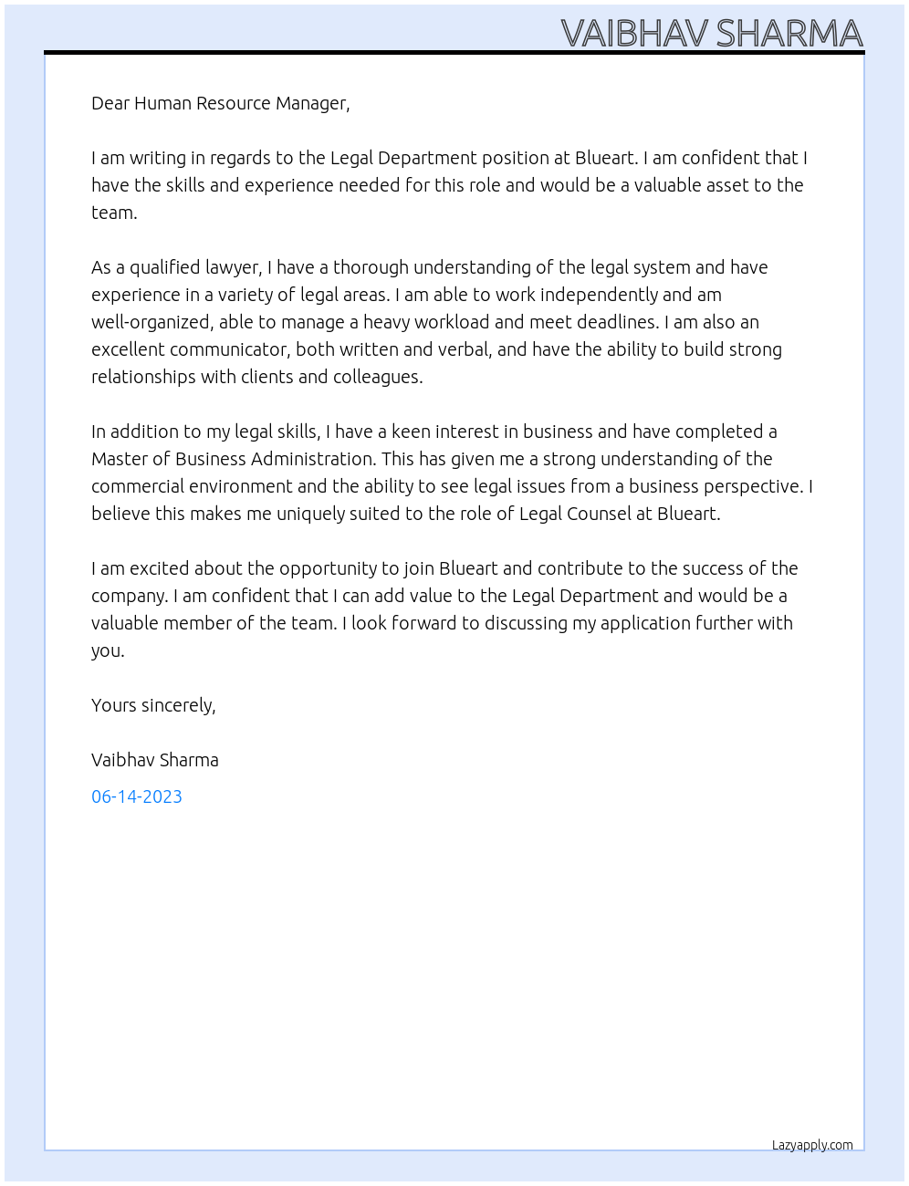 Legal Department  At Blueart Cover Letter