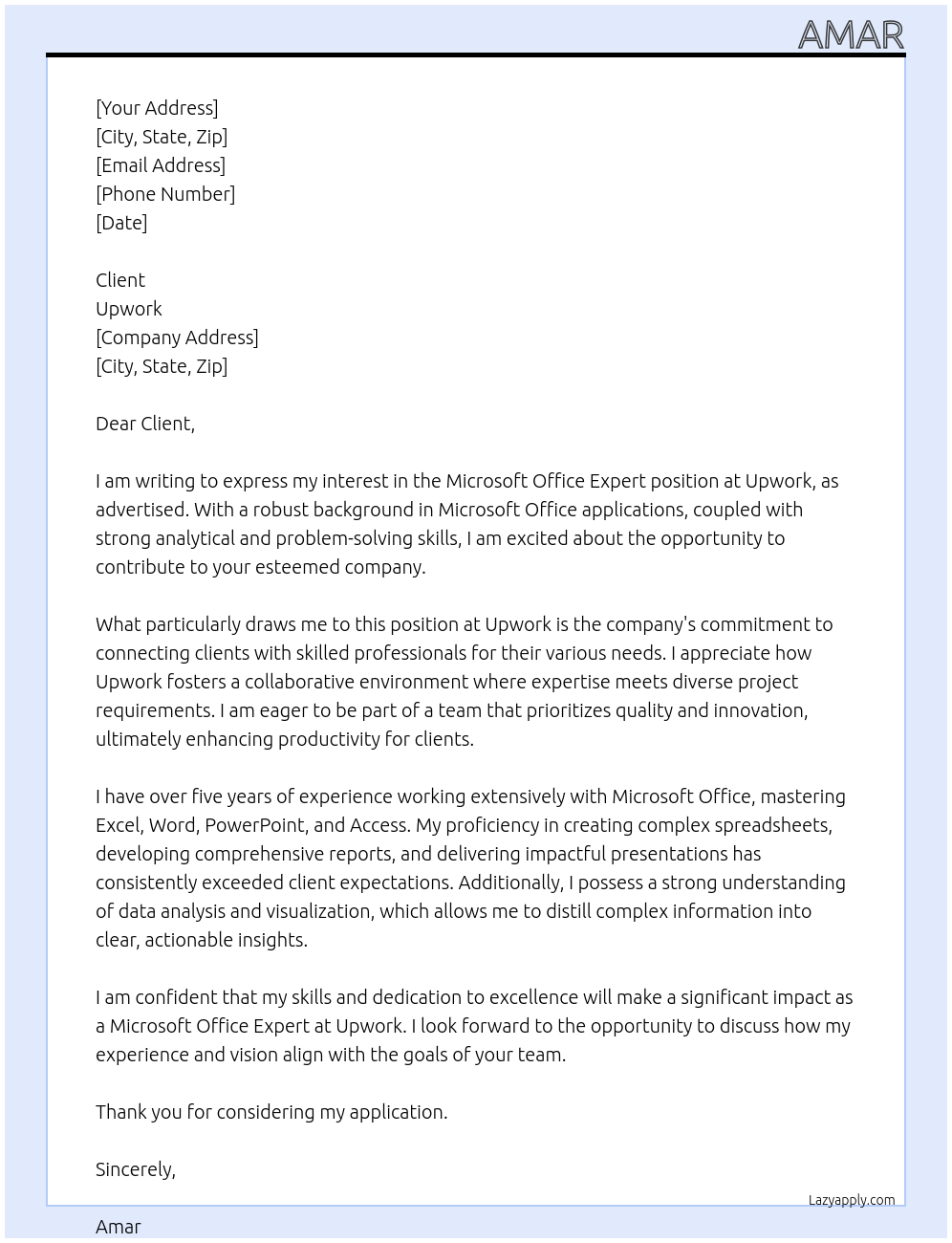 Cover letter for microsoft office expert - LazyApply