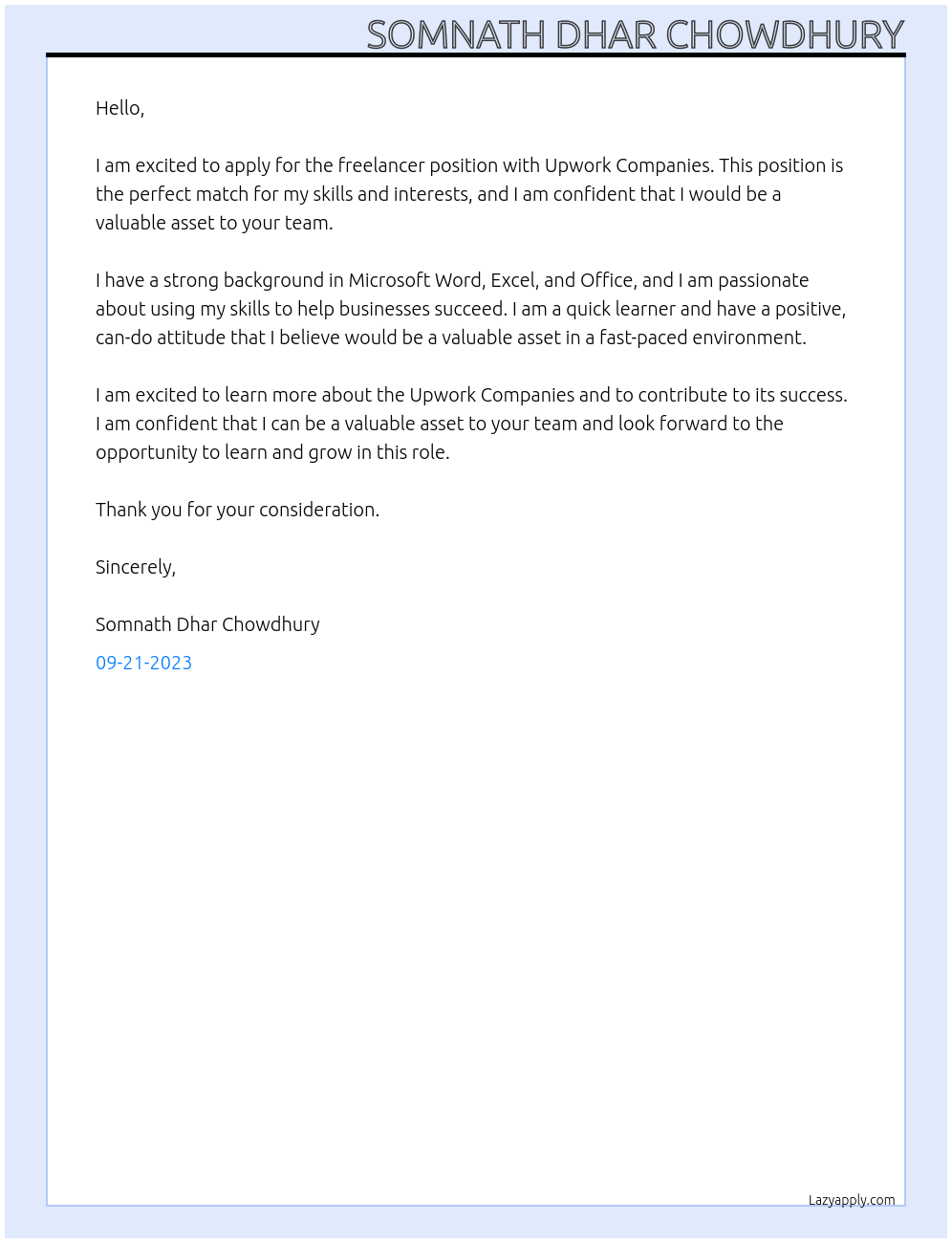 FREELANCER At ANY ONE Cover Letter