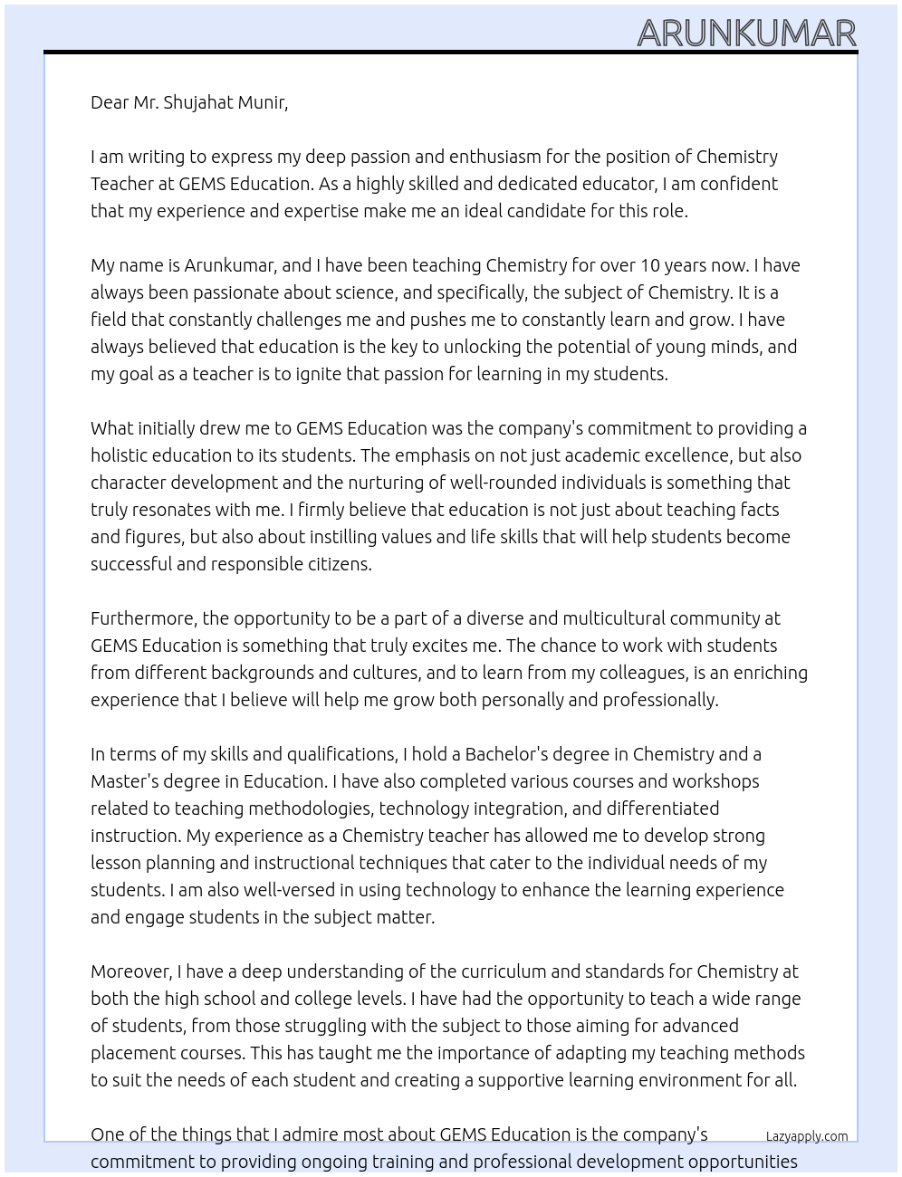 Chemistry Teacher At GEMS EDUCATION Cover Letter